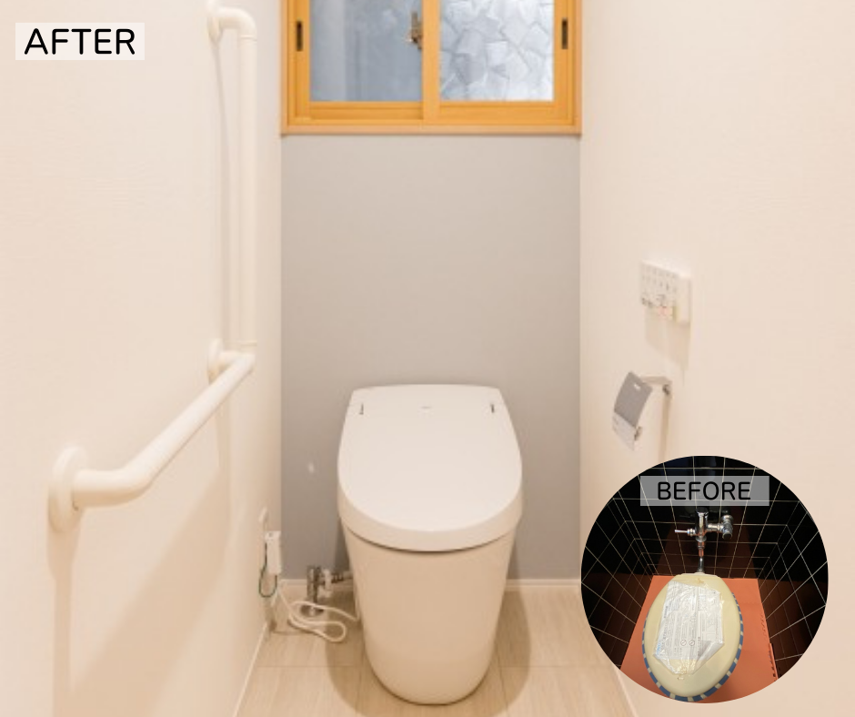 ◆白を基調としたトイレ 以前は大便器、小便器が設置されたトイレでしたがタンクレスのトイレになりました。 窓はお風呂と同じようにインプラスの内窓を設置し、寒さを軽減しています。